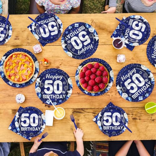 96 Pcs Blue Sliver 50th Birthday Party Plates and Napkins - Grencian