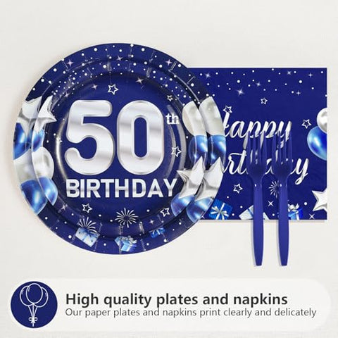 96 Pcs Blue Sliver 50th Birthday Party Plates and Napkins - Grencian