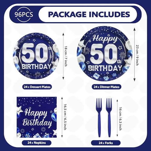 96 Pcs Blue Sliver 50th Birthday Party Plates and Napkins - Grencian