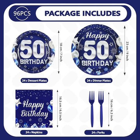 96 Pcs Blue Sliver 50th Birthday Party Plates and Napkins - Grencian