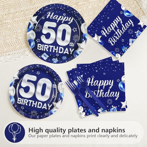 96 Pcs Blue Sliver 50th Birthday Party Plates and Napkins - Grencian