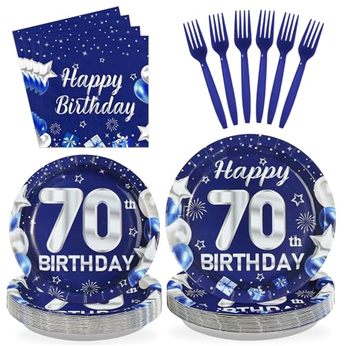 96 Pcs Blue Sliver 70th Birthday Party Plates and Napkins - Grencian