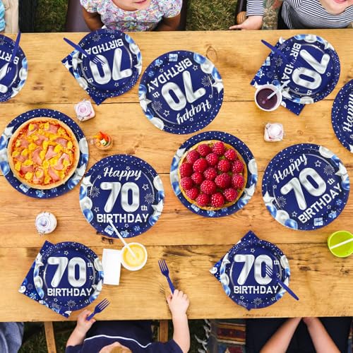96 Pcs Blue Sliver 70th Birthday Party Plates and Napkins - Grencian