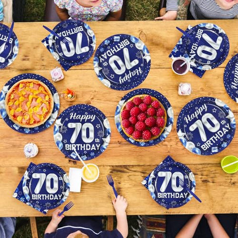 96 Pcs Blue Sliver 70th Birthday Party Plates and Napkins - Grencian