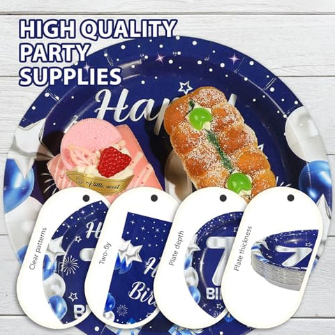 96 Pcs Blue Sliver 70th Birthday Party Plates and Napkins - Grencian