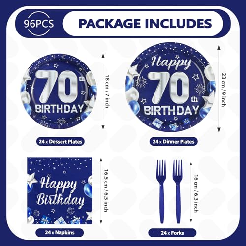 96 Pcs Blue Sliver 70th Birthday Party Plates and Napkins - Grencian
