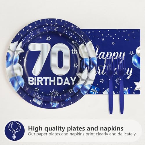 96 Pcs Blue Sliver 70th Birthday Party Plates and Napkins - Grencian