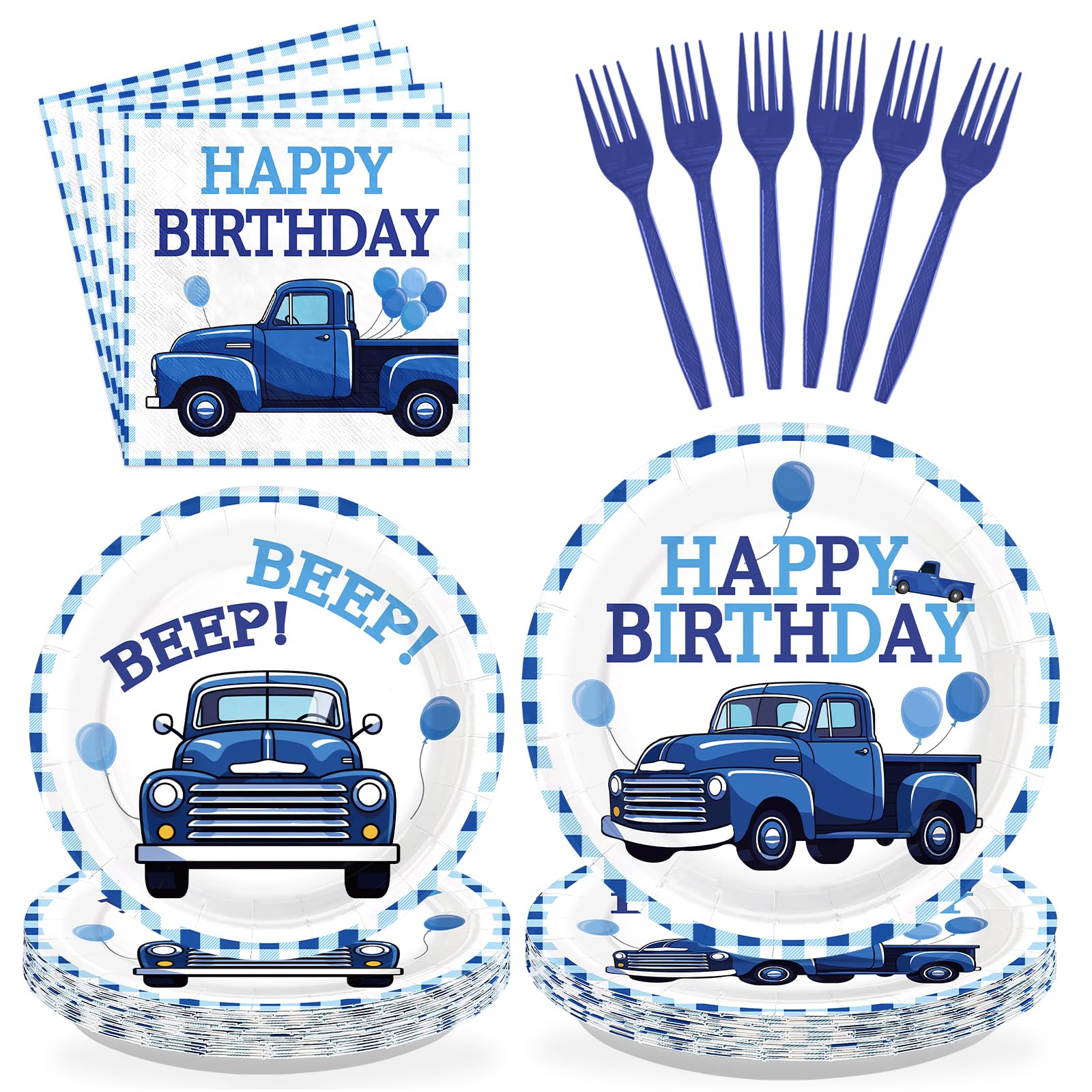 96 Pcs Blue Truck Birthday Party Plates and Napkins - Grencian