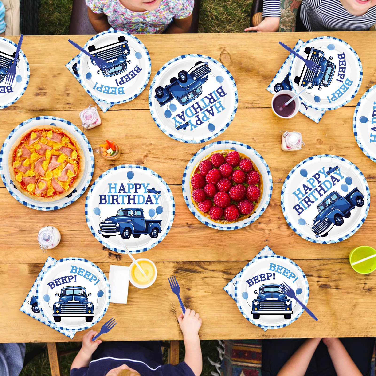 96 Pcs Blue Truck Birthday Party Plates and Napkins - Grencian