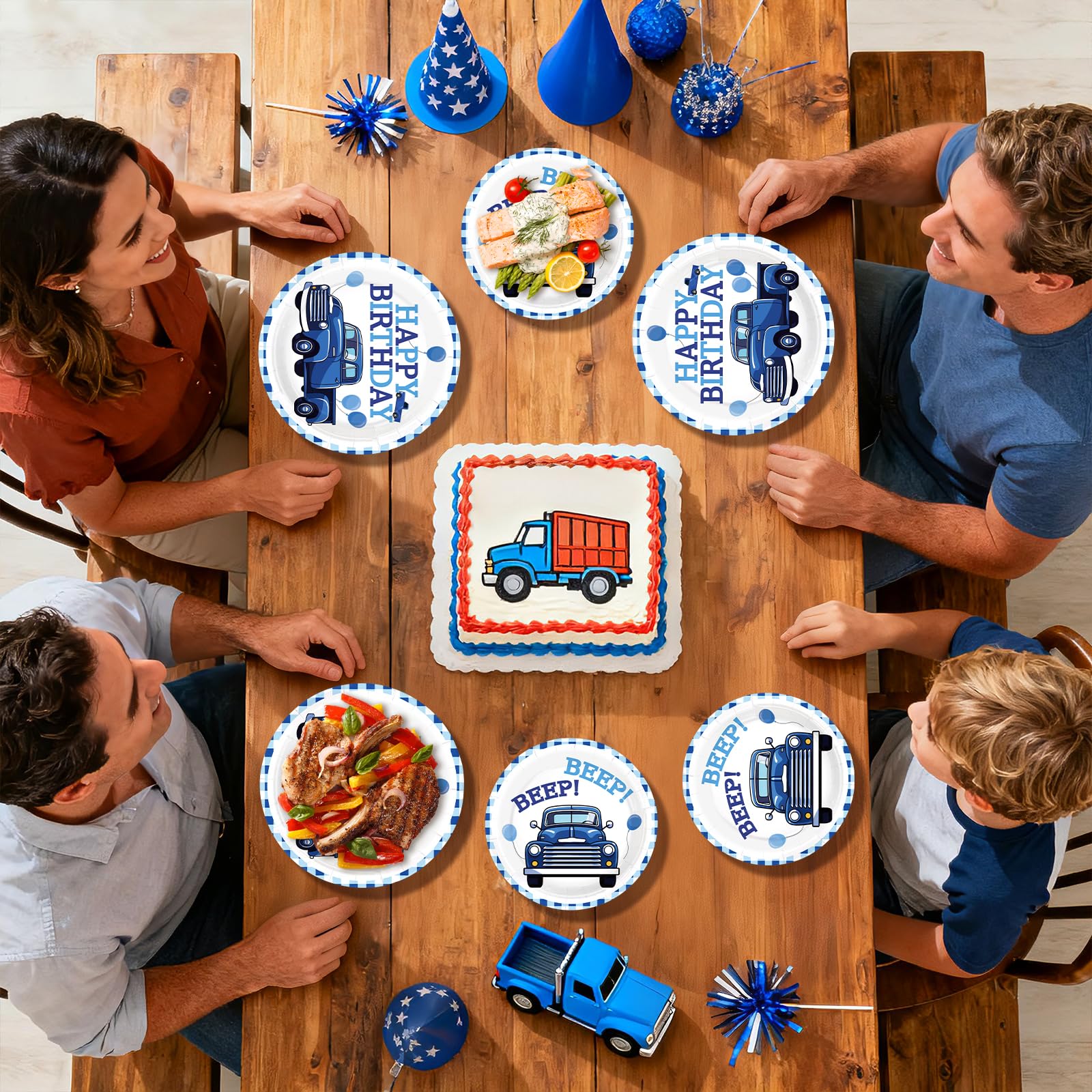 96 Pcs Blue Truck Birthday Party Plates and Napkins - Grencian