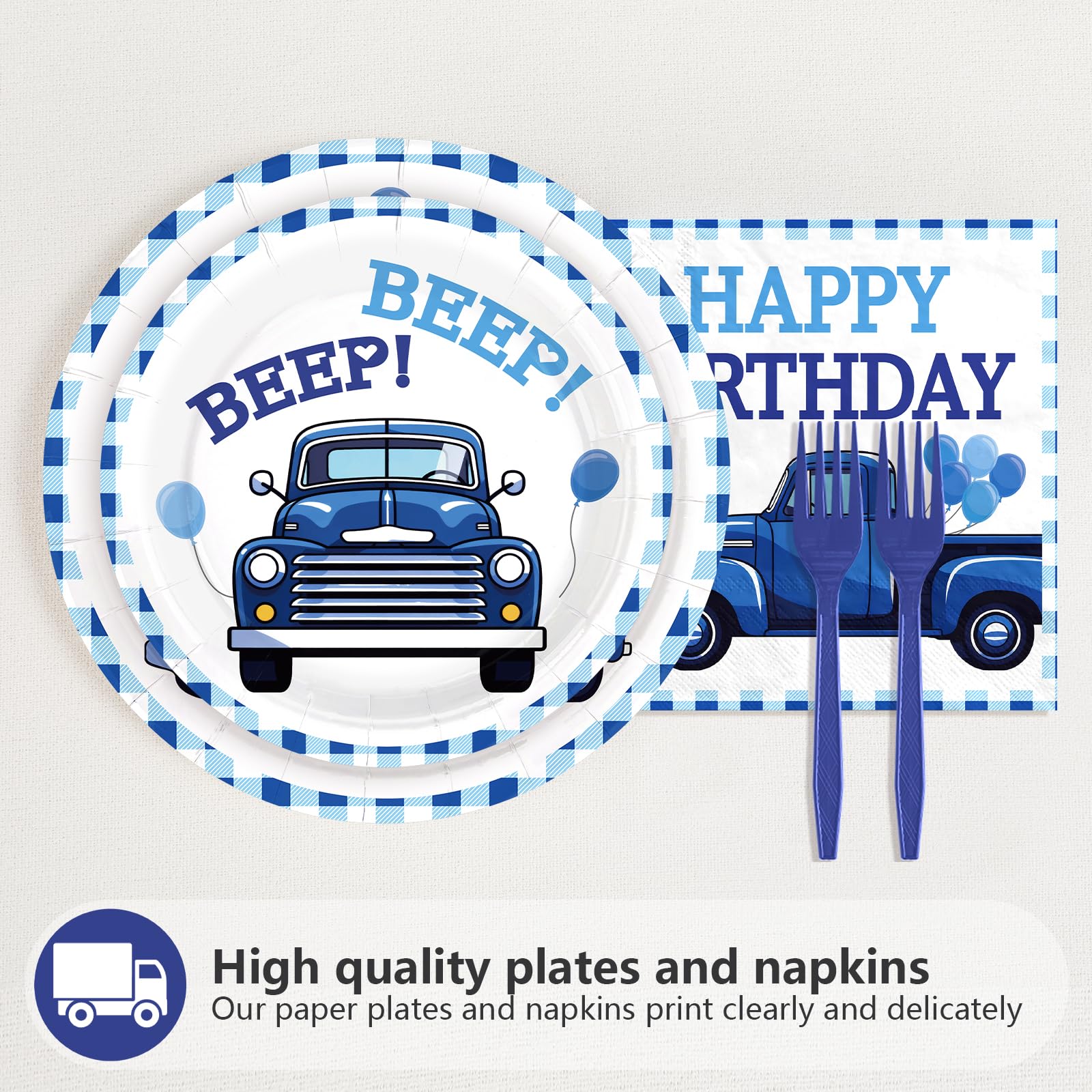 96 Pcs Blue Truck Birthday Party Plates and Napkins - Grencian