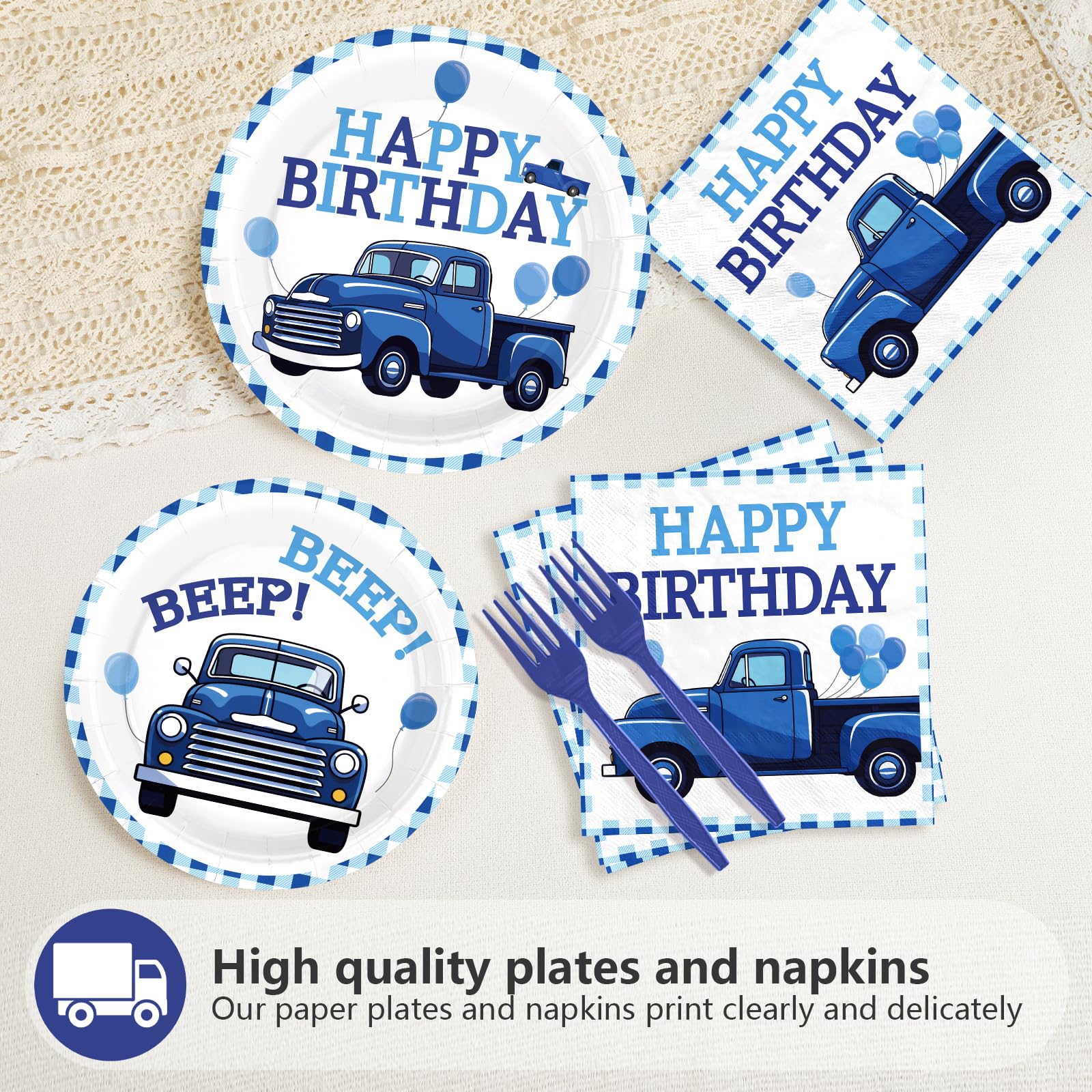 96 Pcs Blue Truck Birthday Party Plates and Napkins - Grencian