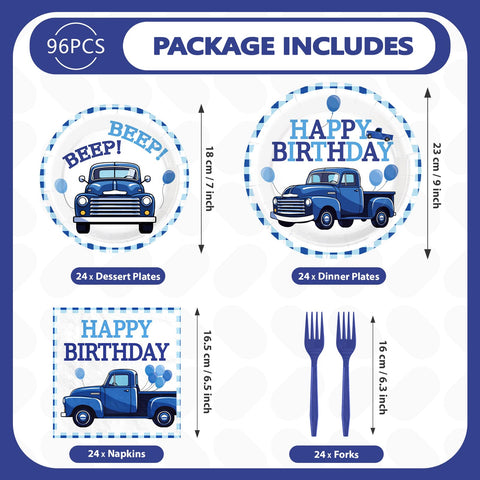 96 Pcs Blue Truck Birthday Party Plates and Napkins - Grencian