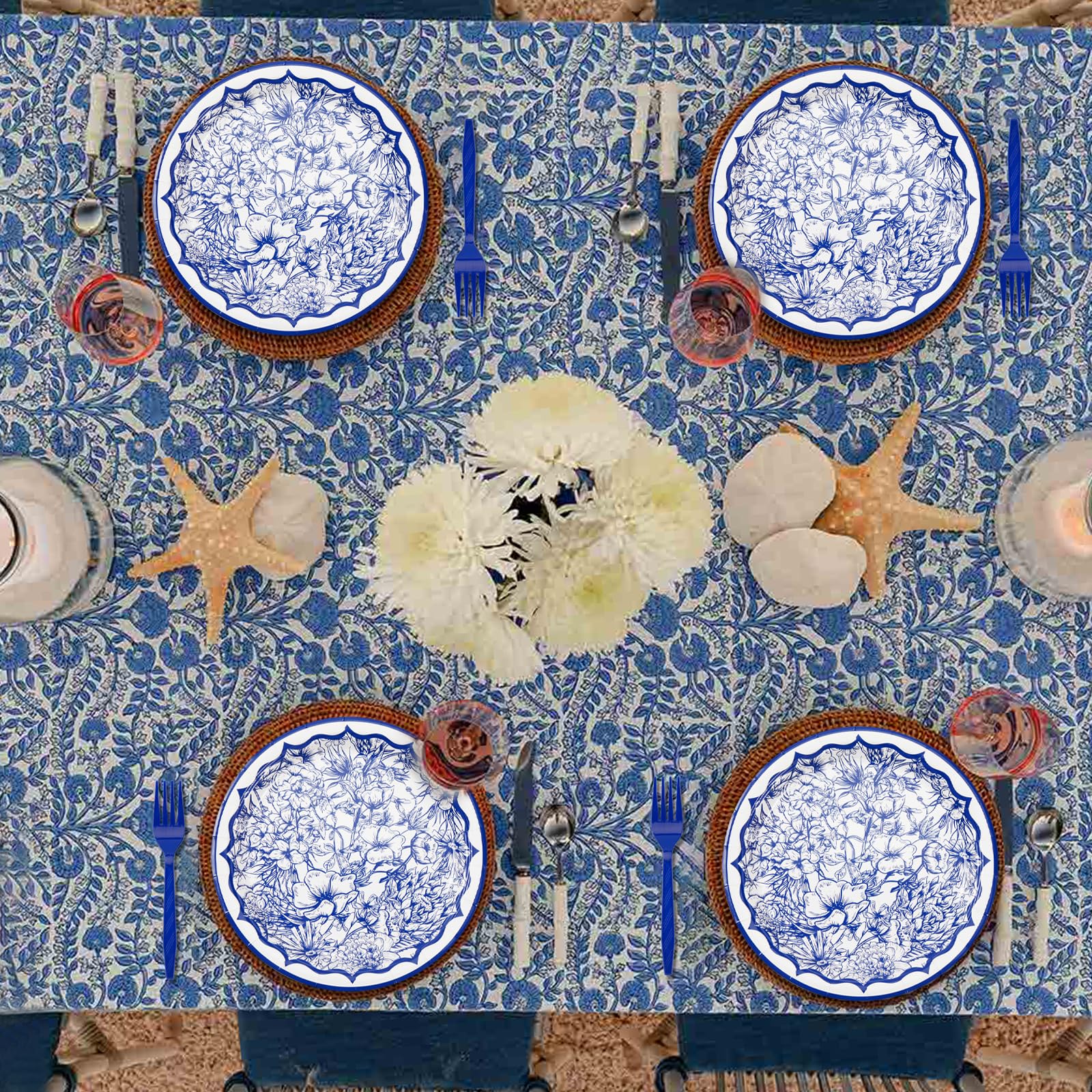 96 Pcs Blue White Floral Party Plates and Napkins - Grencian