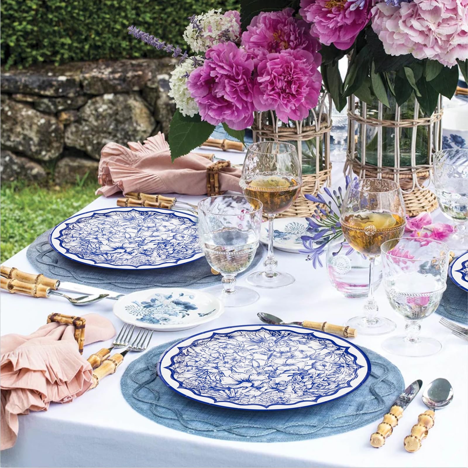 96 Pcs Blue White Floral Party Plates and Napkins - Grencian