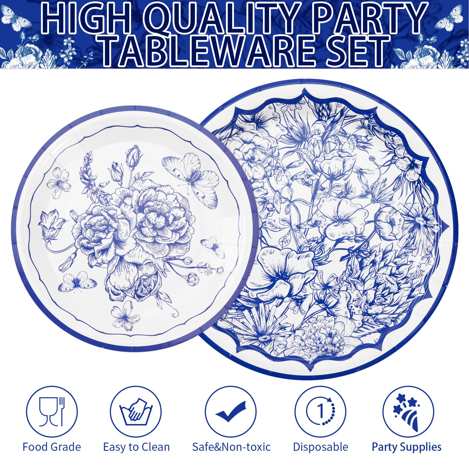 96 Pcs Blue White Floral Party Plates and Napkins - Grencian