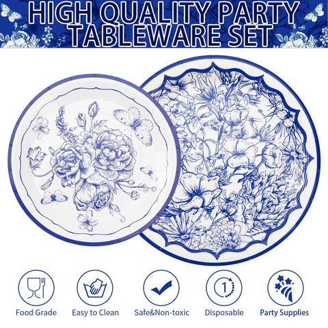 96 Pcs Blue White Floral Party Plates and Napkins - Grencian