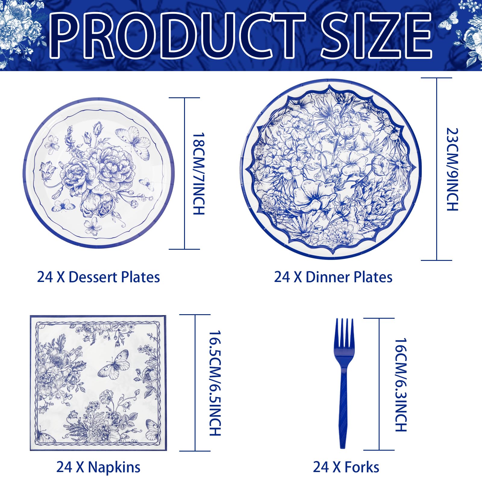 96 Pcs Blue White Floral Party Plates and Napkins - Grencian
