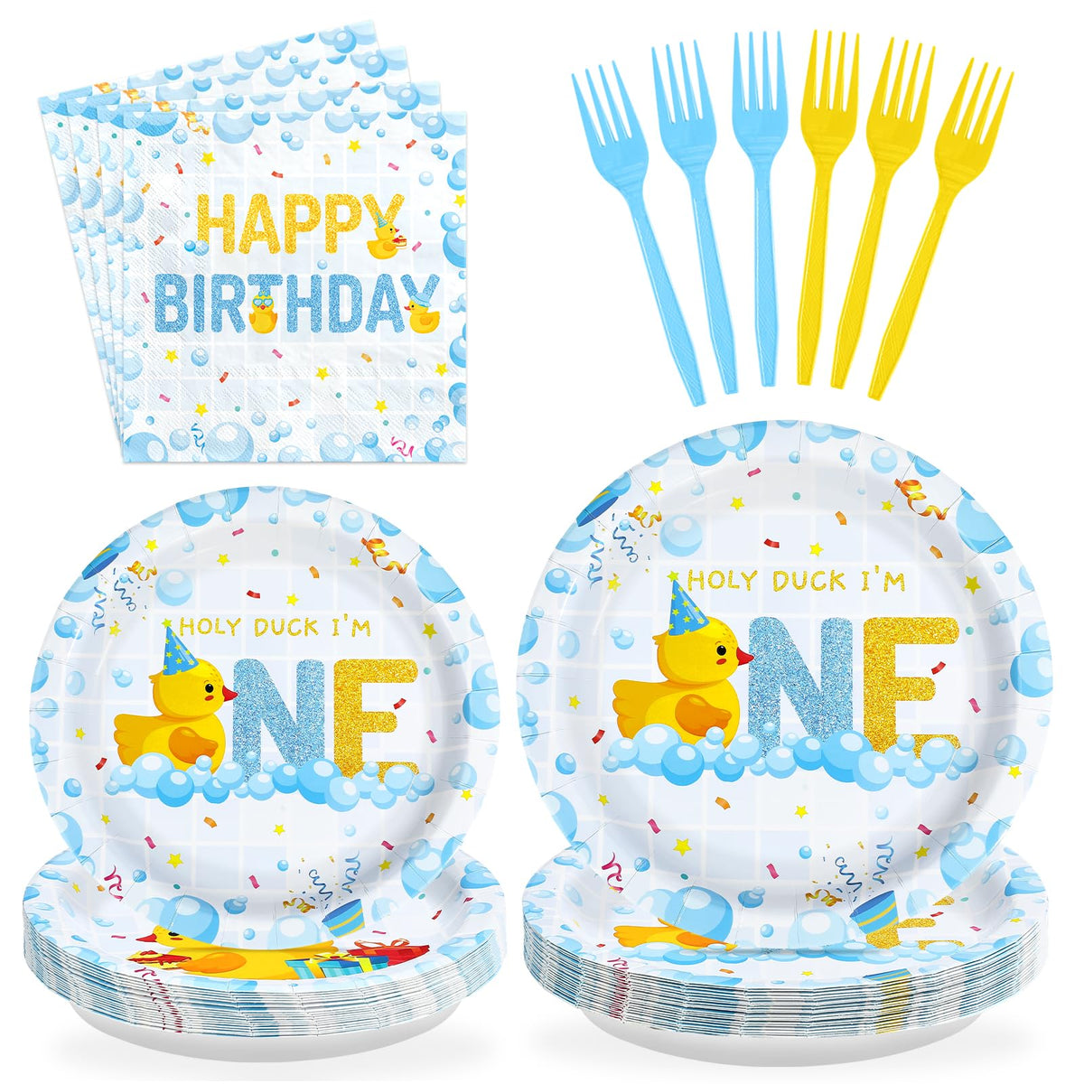 96 Pcs Blue Yellow Duck 1st Birthday Party Plates and Napkins - Grencian