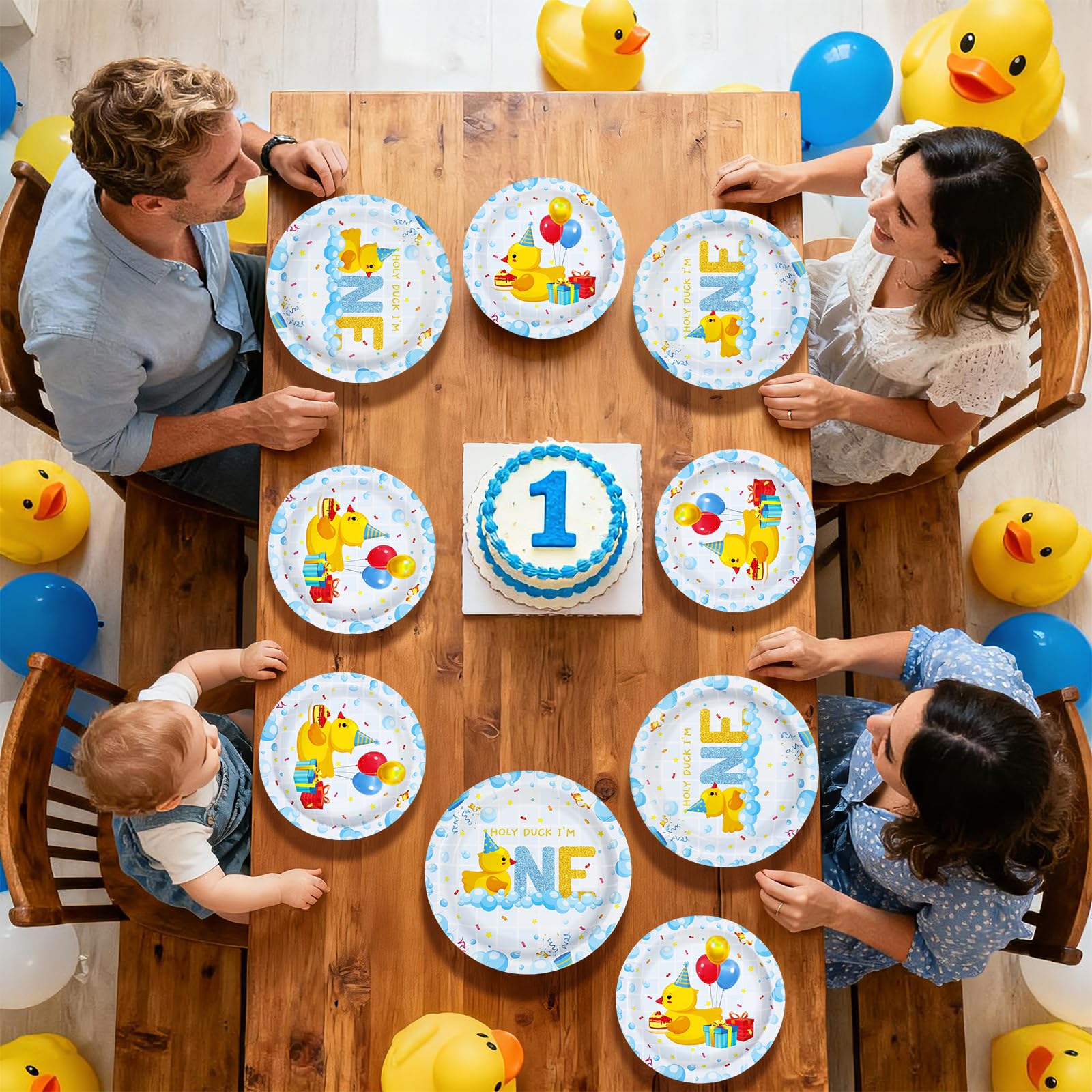 96 Pcs Blue Yellow Duck 1st Birthday Party Plates and Napkins - Grencian