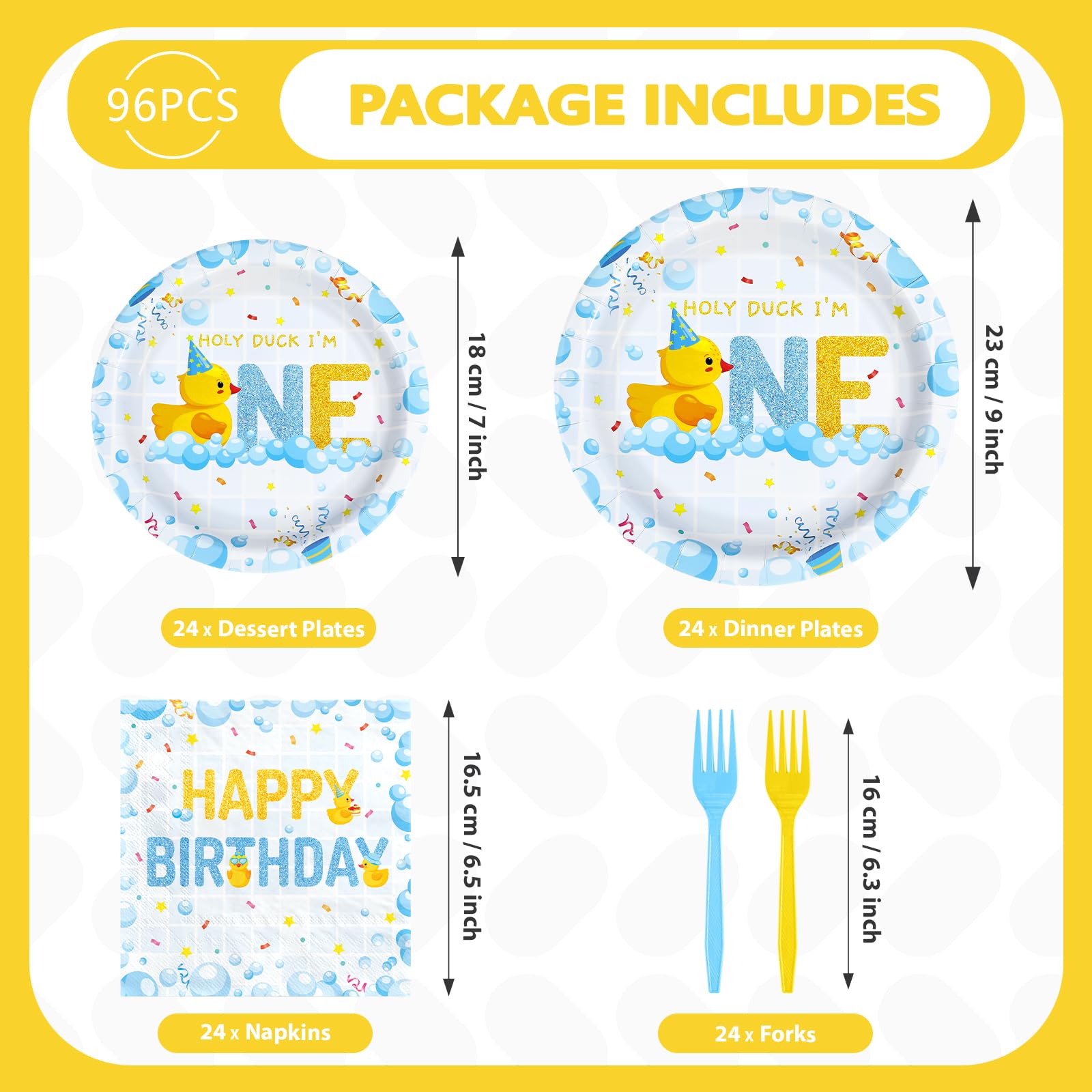 96 Pcs Blue Yellow Duck 1st Birthday Party Plates and Napkins - Grencian