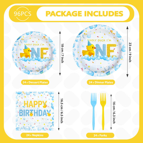96 Pcs Blue Yellow Duck 1st Birthday Party Plates and Napkins - Grencian