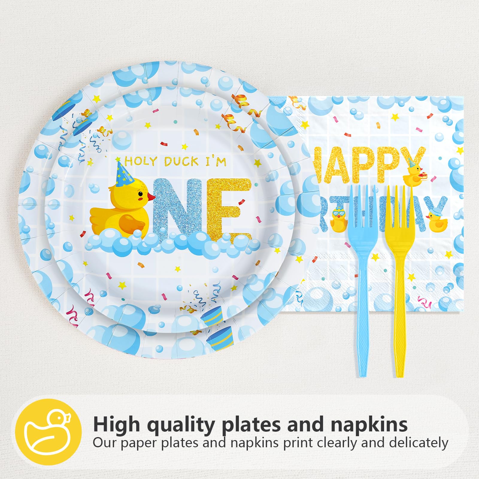 96 Pcs Blue Yellow Duck 1st Birthday Party Plates and Napkins - Grencian