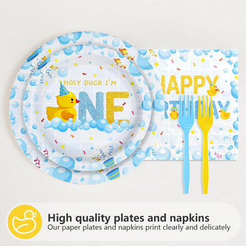 96 Pcs Blue Yellow Duck 1st Birthday Party Plates and Napkins - Grencian