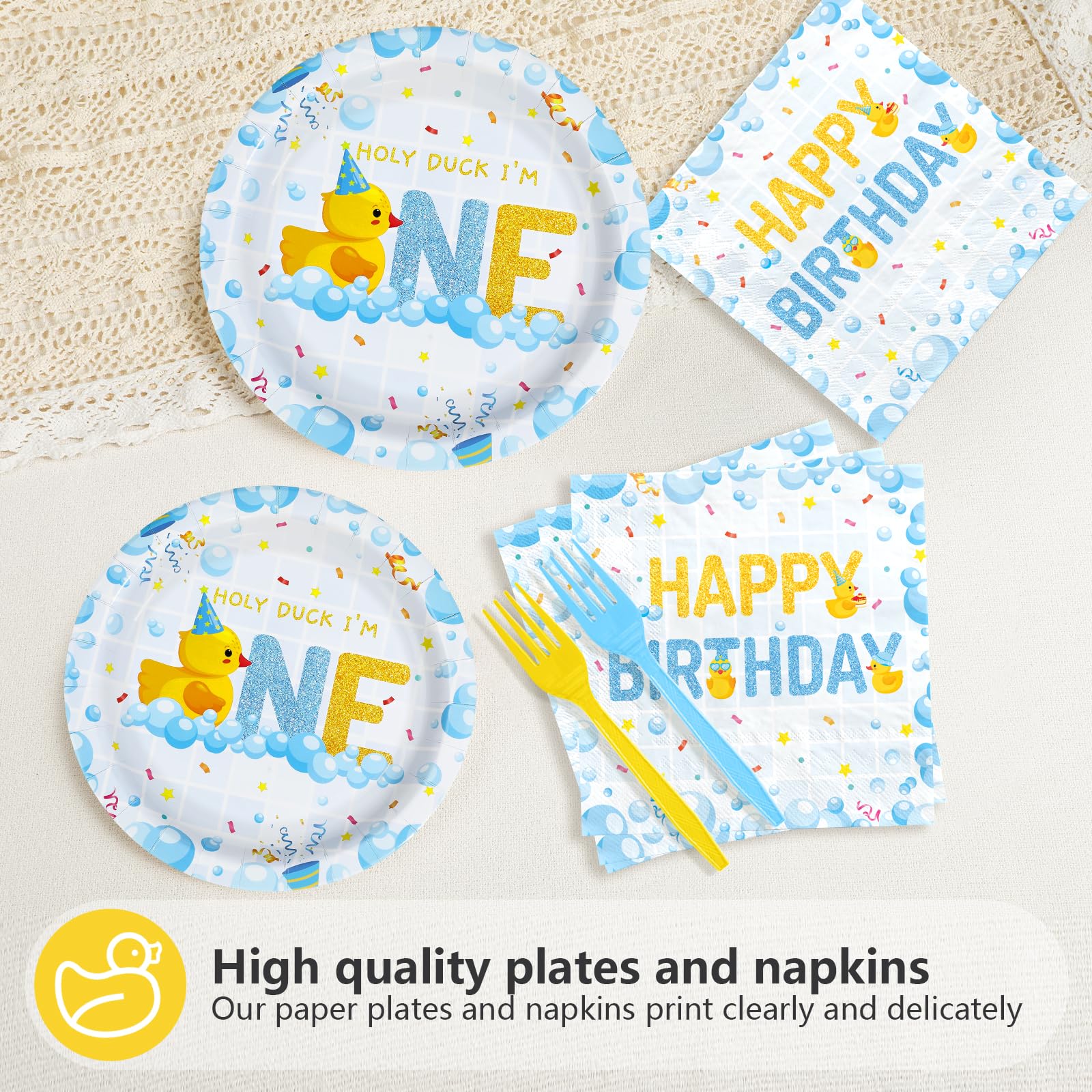 96 Pcs Blue Yellow Duck 1st Birthday Party Plates and Napkins - Grencian