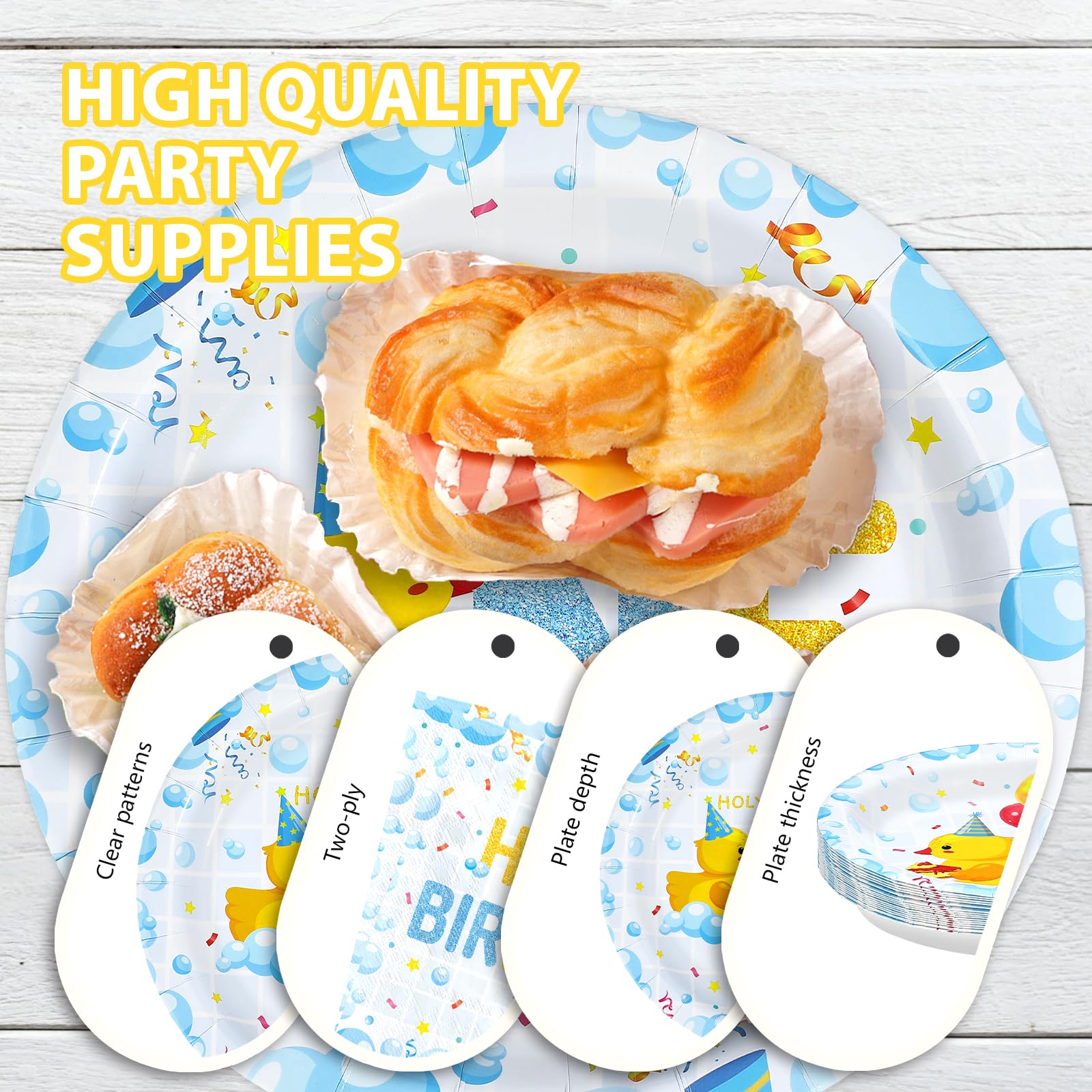 96 Pcs Blue Yellow Duck 1st Birthday Party Plates and Napkins - Grencian