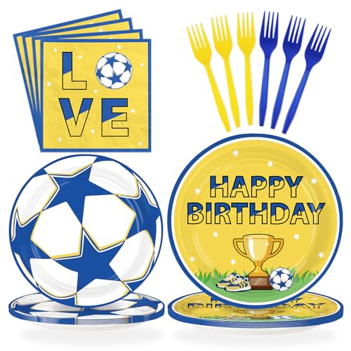 96 Pcs Blue Yellow Soccer Birthday Party Plates and Napkins - Grencian