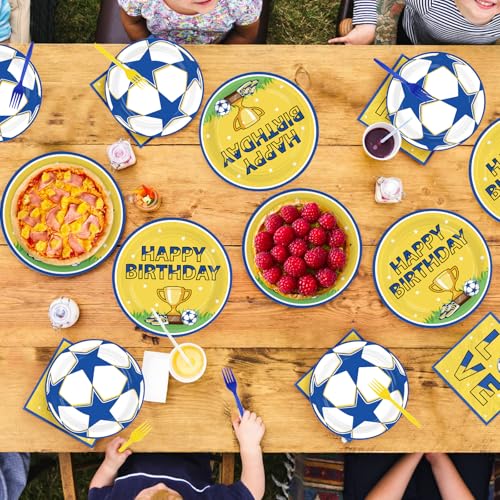 96 Pcs Blue Yellow Soccer Birthday Party Plates and Napkins - Grencian