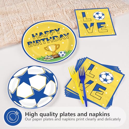 96 Pcs Blue Yellow Soccer Birthday Party Plates and Napkins - Grencian