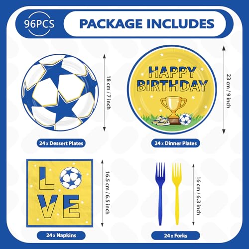 96 Pcs Blue Yellow Soccer Birthday Party Plates and Napkins - Grencian