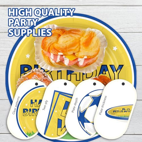 96 Pcs Blue Yellow Soccer Birthday Party Plates and Napkins - Grencian