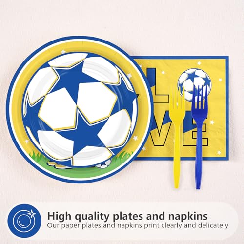 96 Pcs Blue Yellow Soccer Birthday Party Plates and Napkins - Grencian