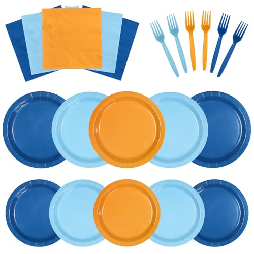 96 Pcs Blue and Orange Party Plates and Napkins - Grencian