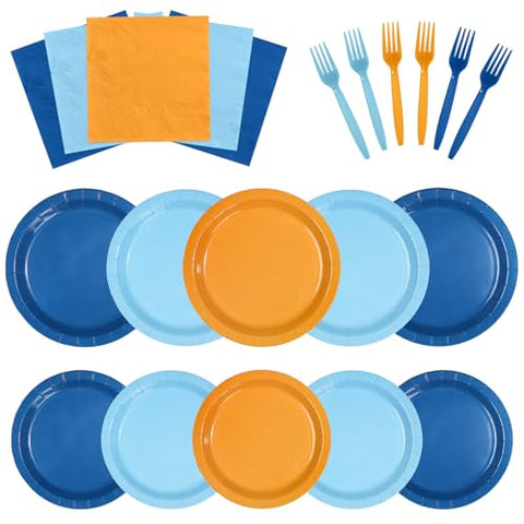 96 Pcs Blue and Orange Party Plates and Napkins - Grencian
