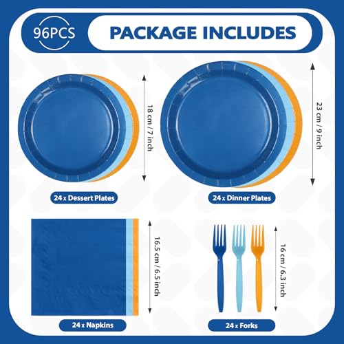 96 Pcs Blue and Orange Party Plates and Napkins - Grencian