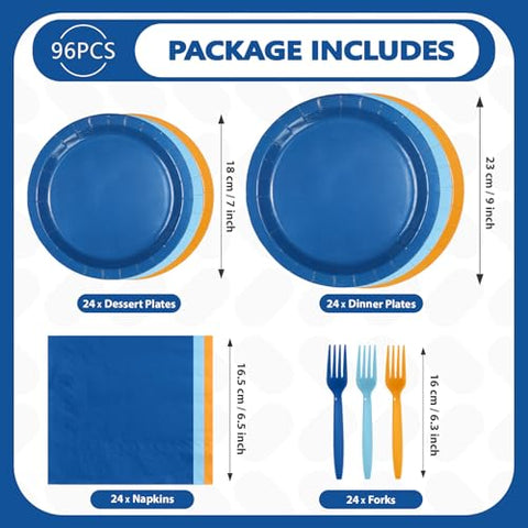 96 Pcs Blue and Orange Party Plates and Napkins - Grencian