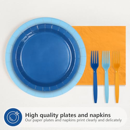 96 Pcs Blue and Orange Party Plates and Napkins - Grencian