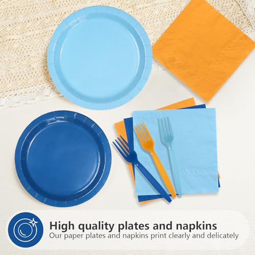 96 Pcs Blue and Orange Party Plates and Napkins - Grencian