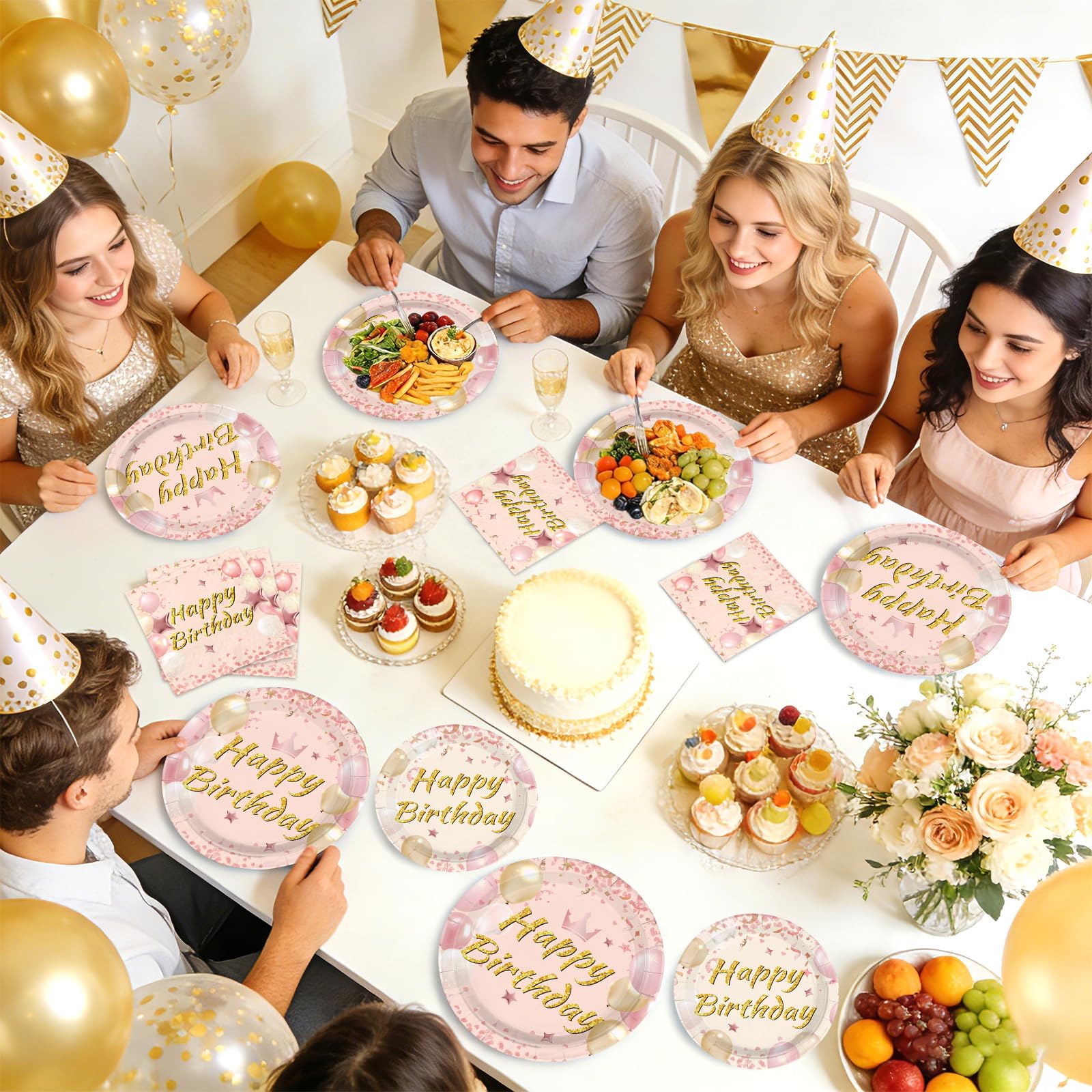 96 Pcs Blush Beige Birthday Party Plates and Napkins - Grencian