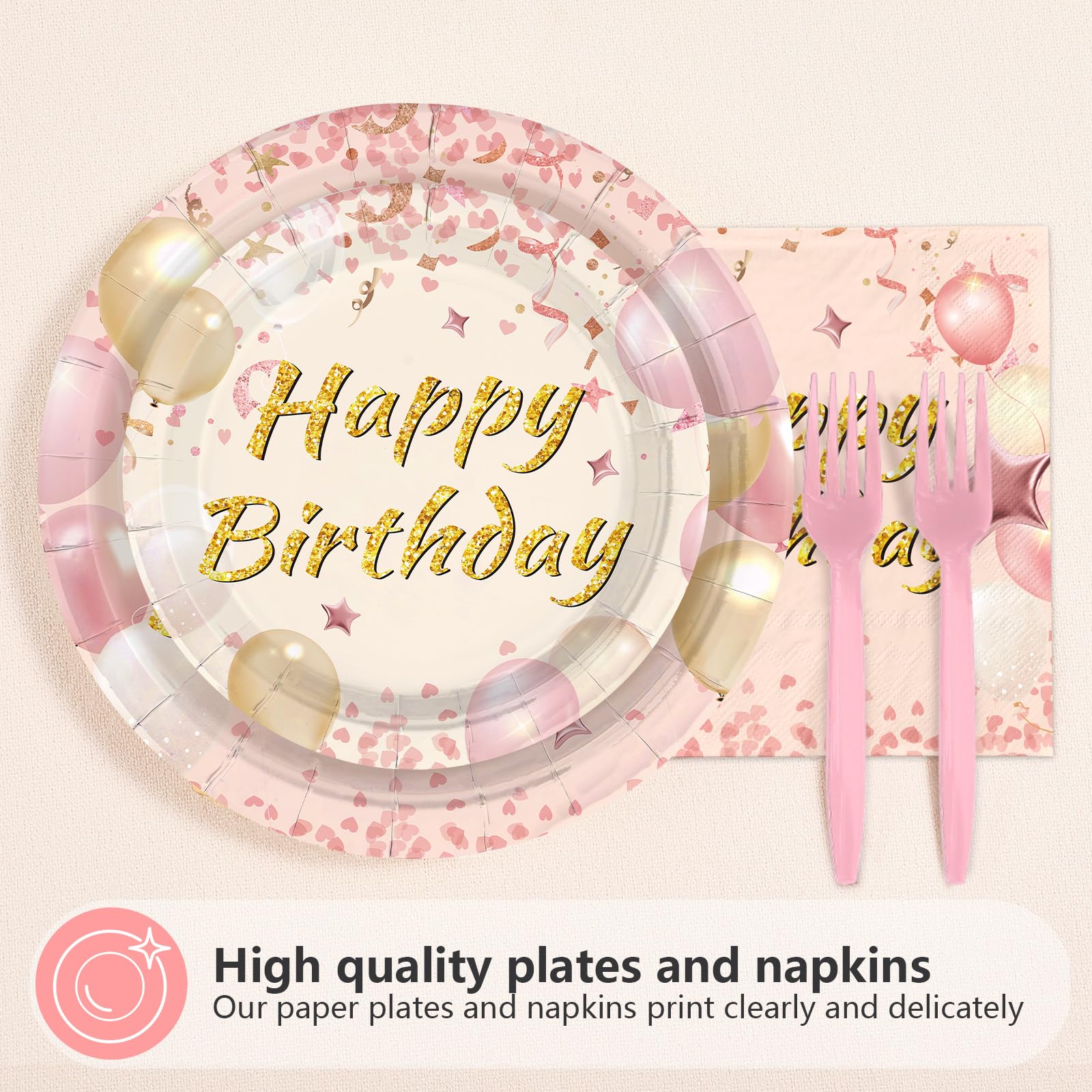 96 Pcs Blush Beige Birthday Party Plates and Napkins - Grencian
