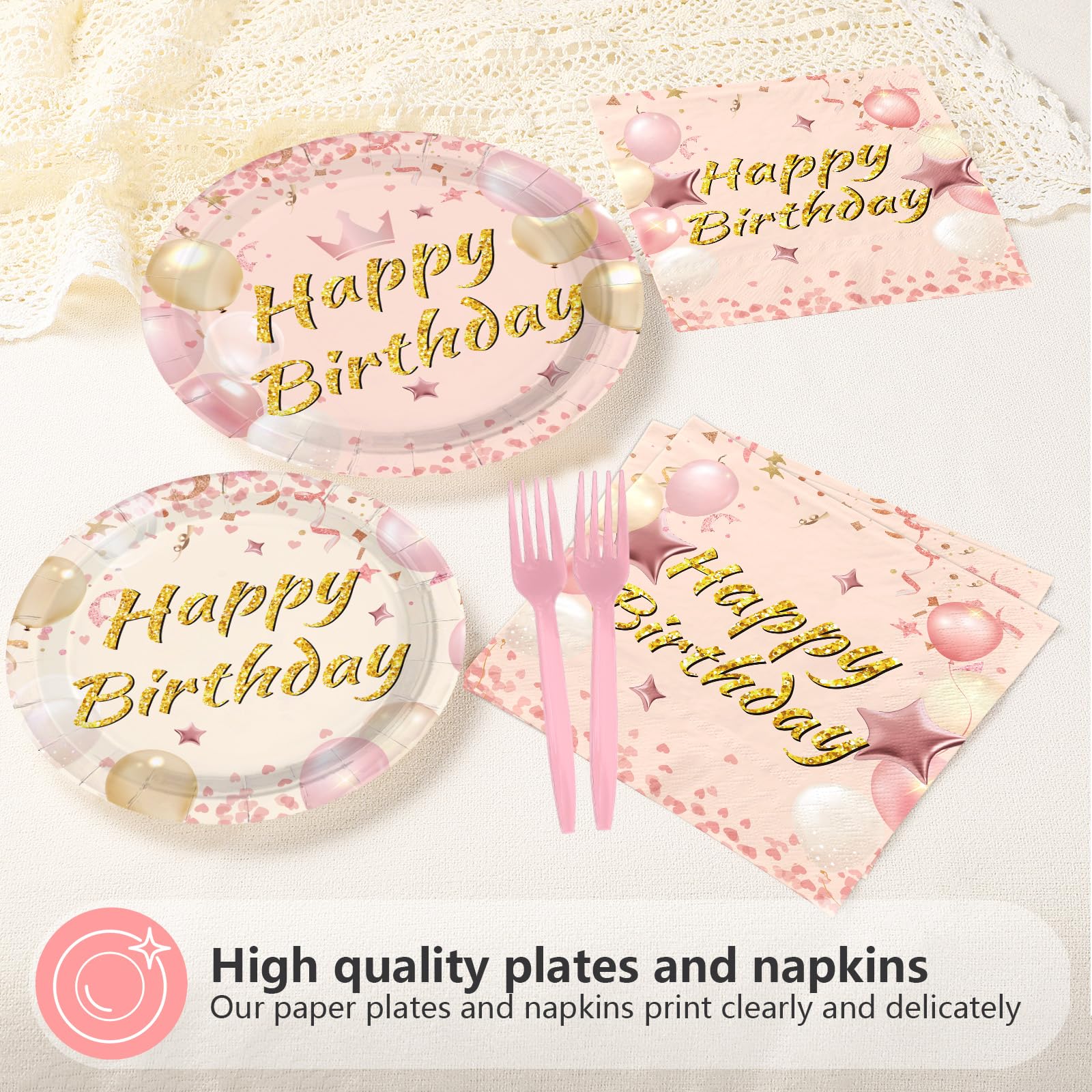 96 Pcs Blush Beige Birthday Party Plates and Napkins - Grencian