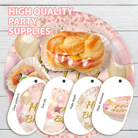 96 Pcs Blush Beige Birthday Party Plates and Napkins - Grencian