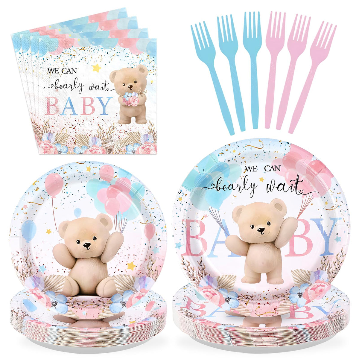 96 Pcs Boho Bear Baby Shower Party Plates and Napkins - Grencian