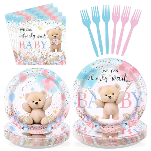 96 Pcs Boho Bear Baby Shower Party Plates and Napkins - Grencian