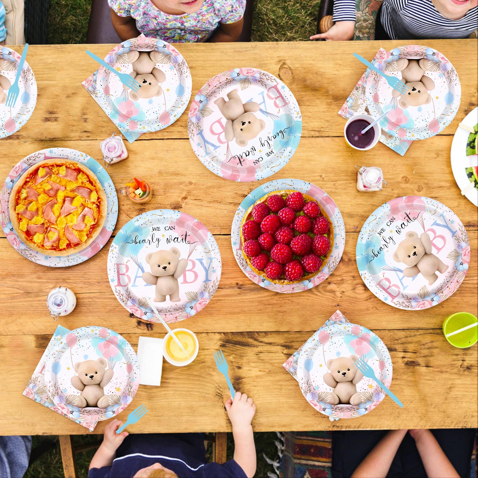 96 Pcs Boho Bear Baby Shower Party Plates and Napkins - Grencian