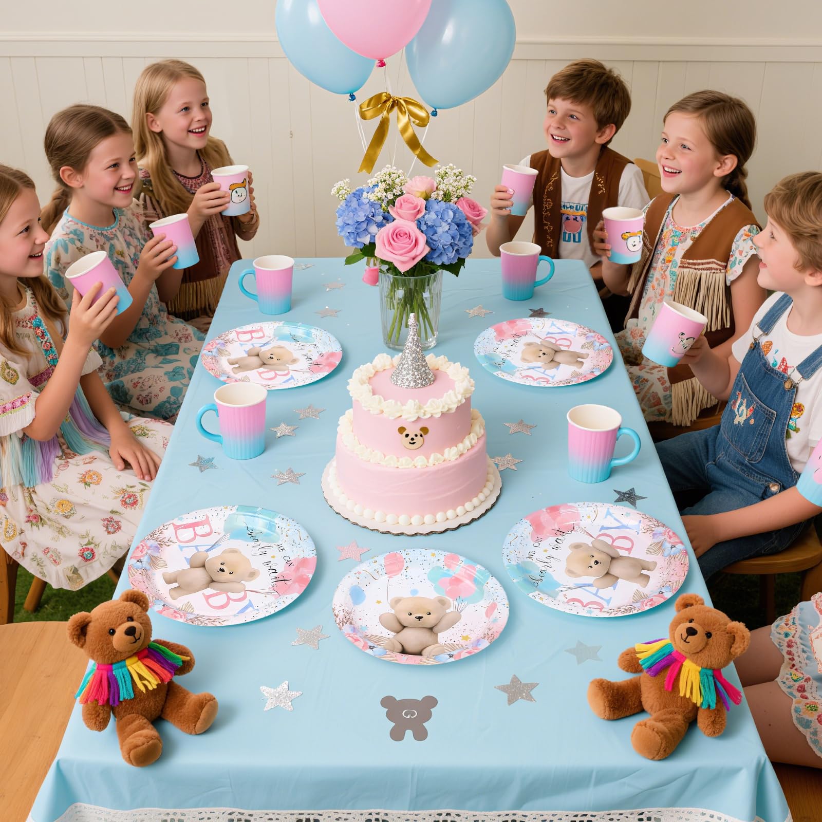 96 Pcs Boho Bear Baby Shower Party Plates and Napkins - Grencian